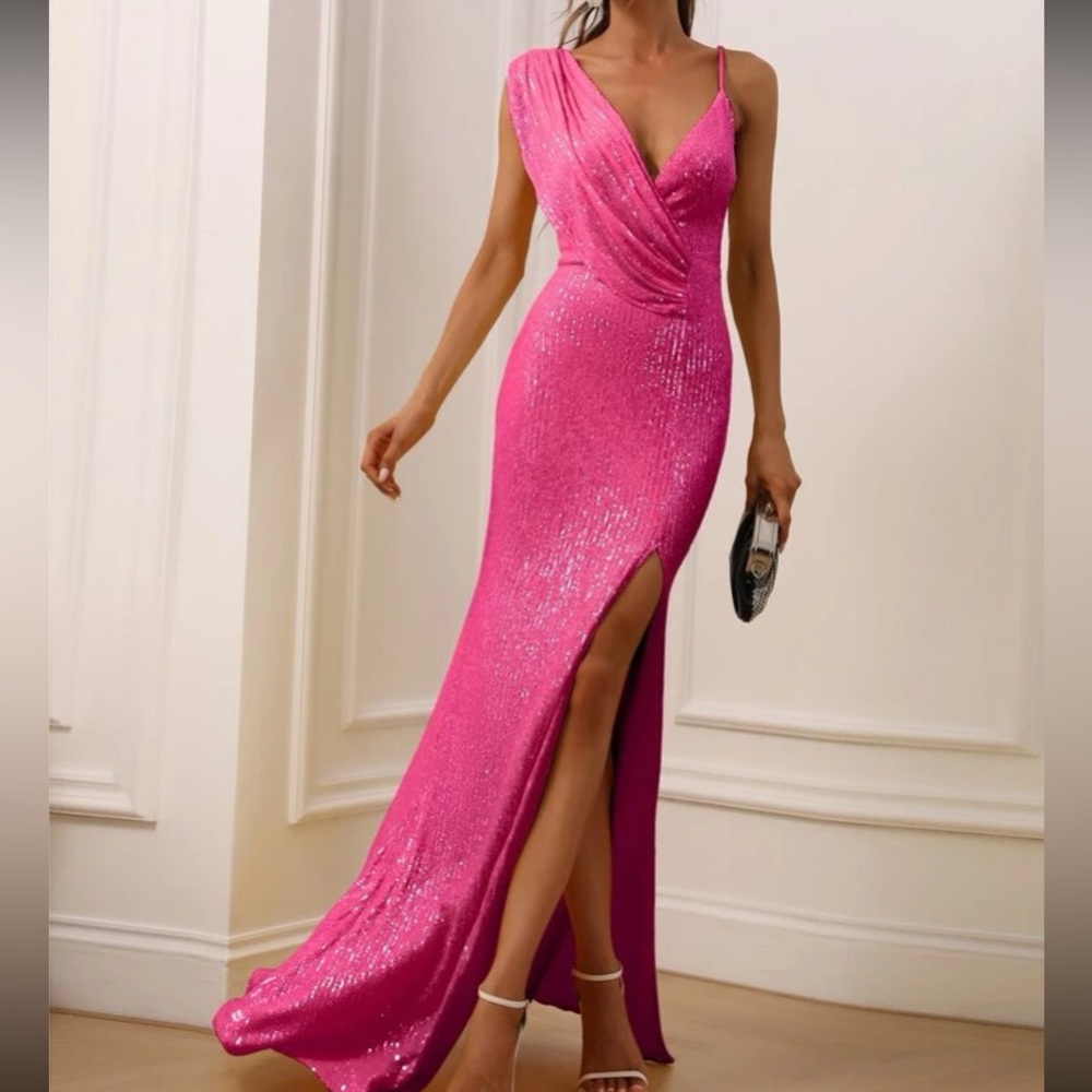 Luxe hot pink party bridesmaids prom slit thigh sequins gown  dress